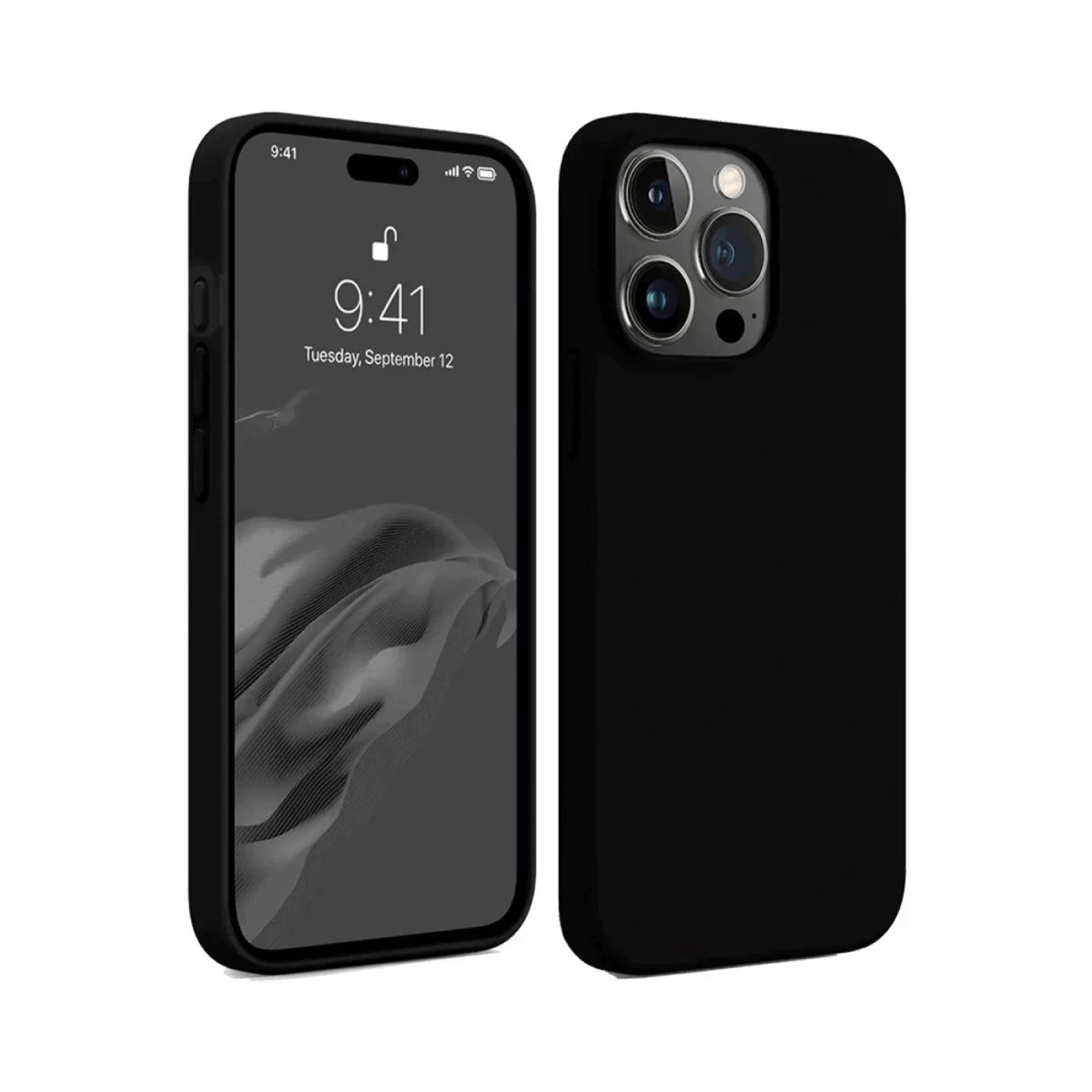 Yan yana iki siyah telefon kılıfı, biri ekranı, diğeri kameraları gösteriyor.