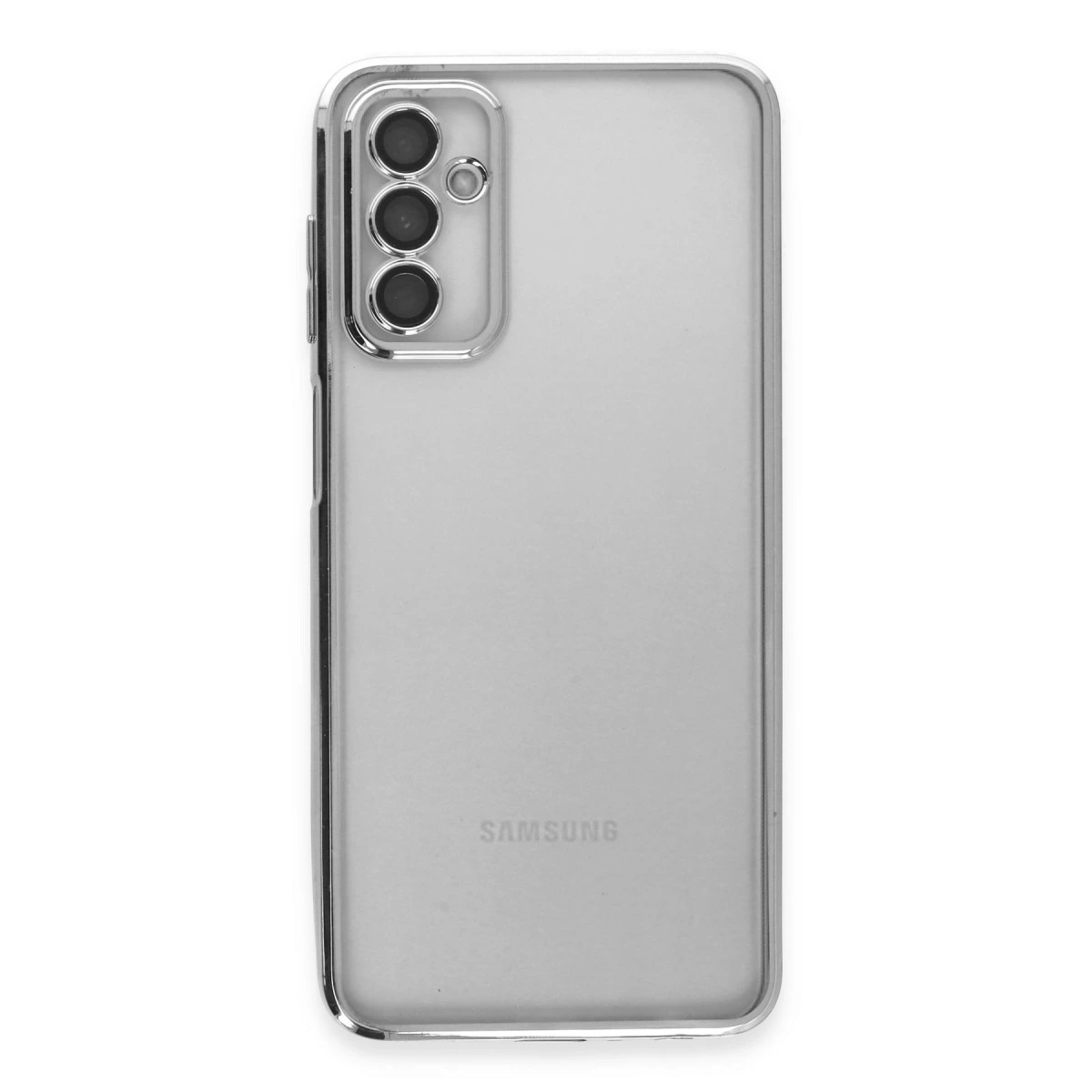 Kamera çıkıntılı ve Samsung logosu olan şeffaf telefon kılıfı.