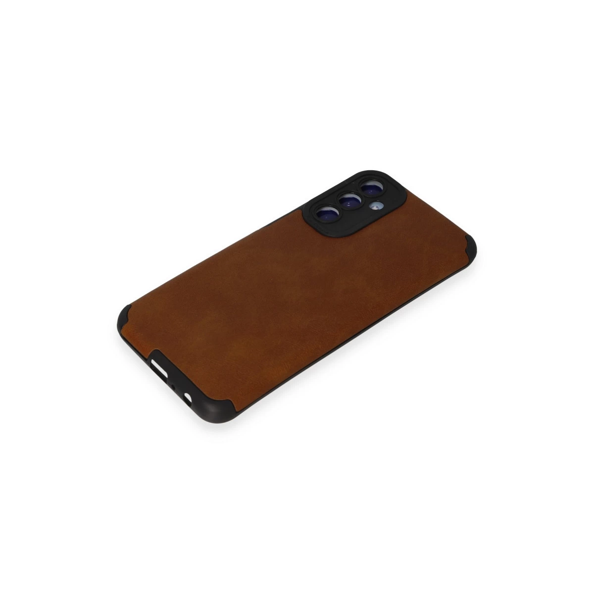 Beyaz zeminde siyah kamera modüllü kahverengi telefon kılıfı.