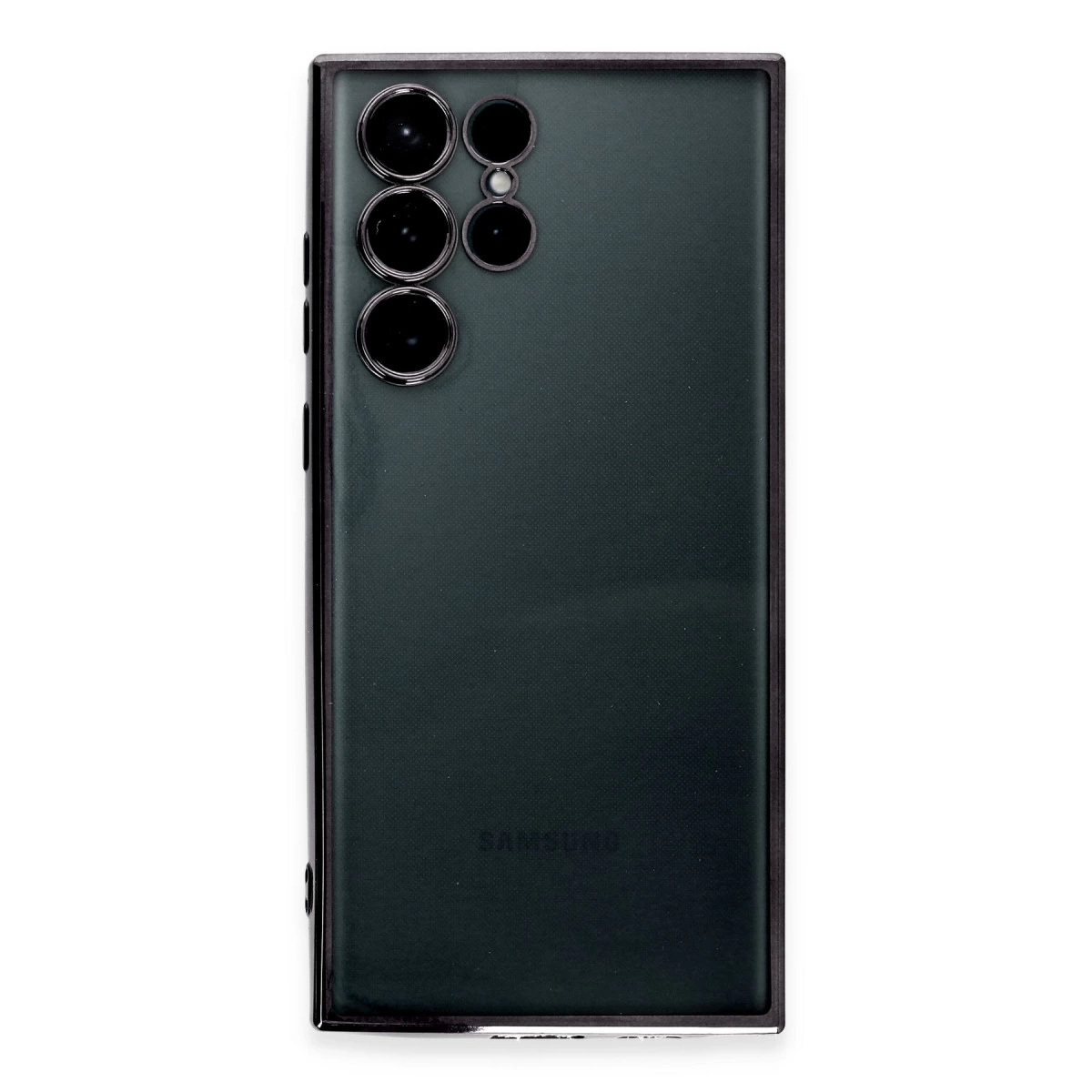 Beş kamera lensli ve Samsung logolu koyu yeşil Samsung telefon arkası.