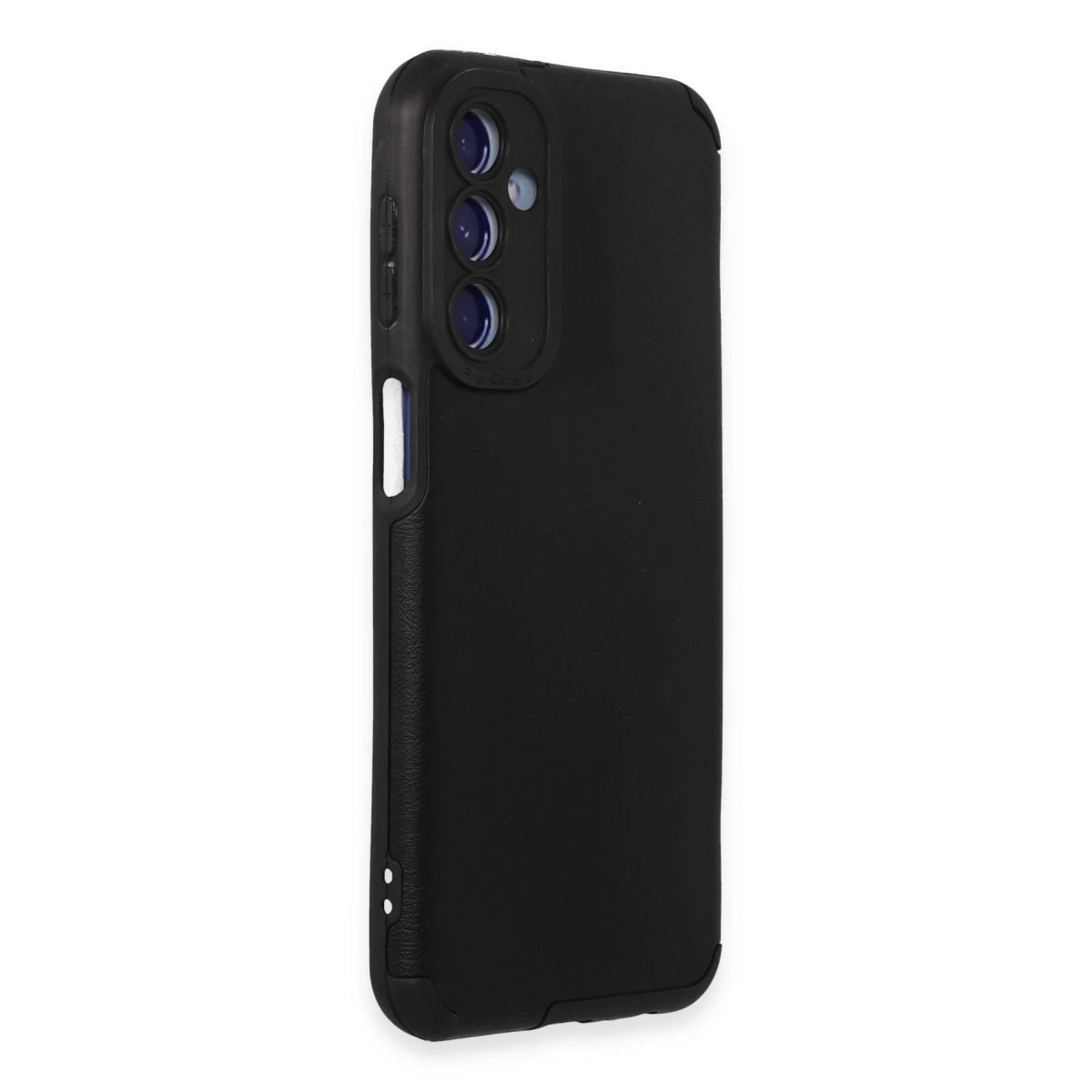 Üç kamera lensli ve yan düğmeli siyah telefon kılıfı.