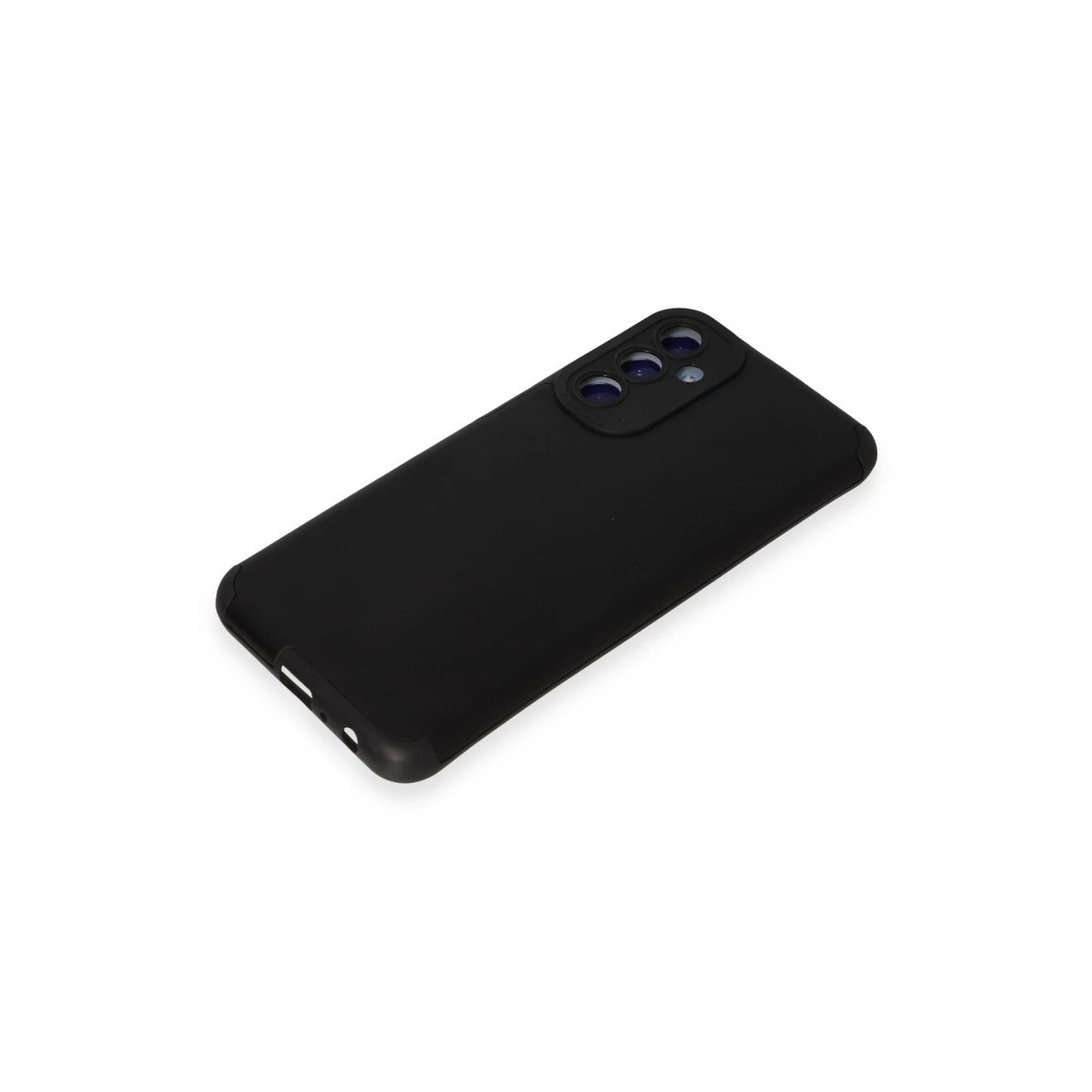 Kamera kesimli siyah telefon kılıfı, beyaz arka plan üzerinde.
