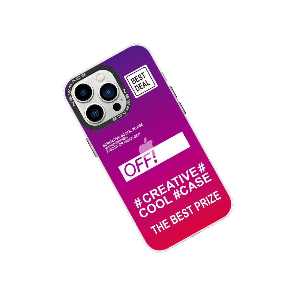 Mor ve pembe degrade telefon kılıfı, metin ve Apple logosuyla. "BEST DEAL" etiketi.