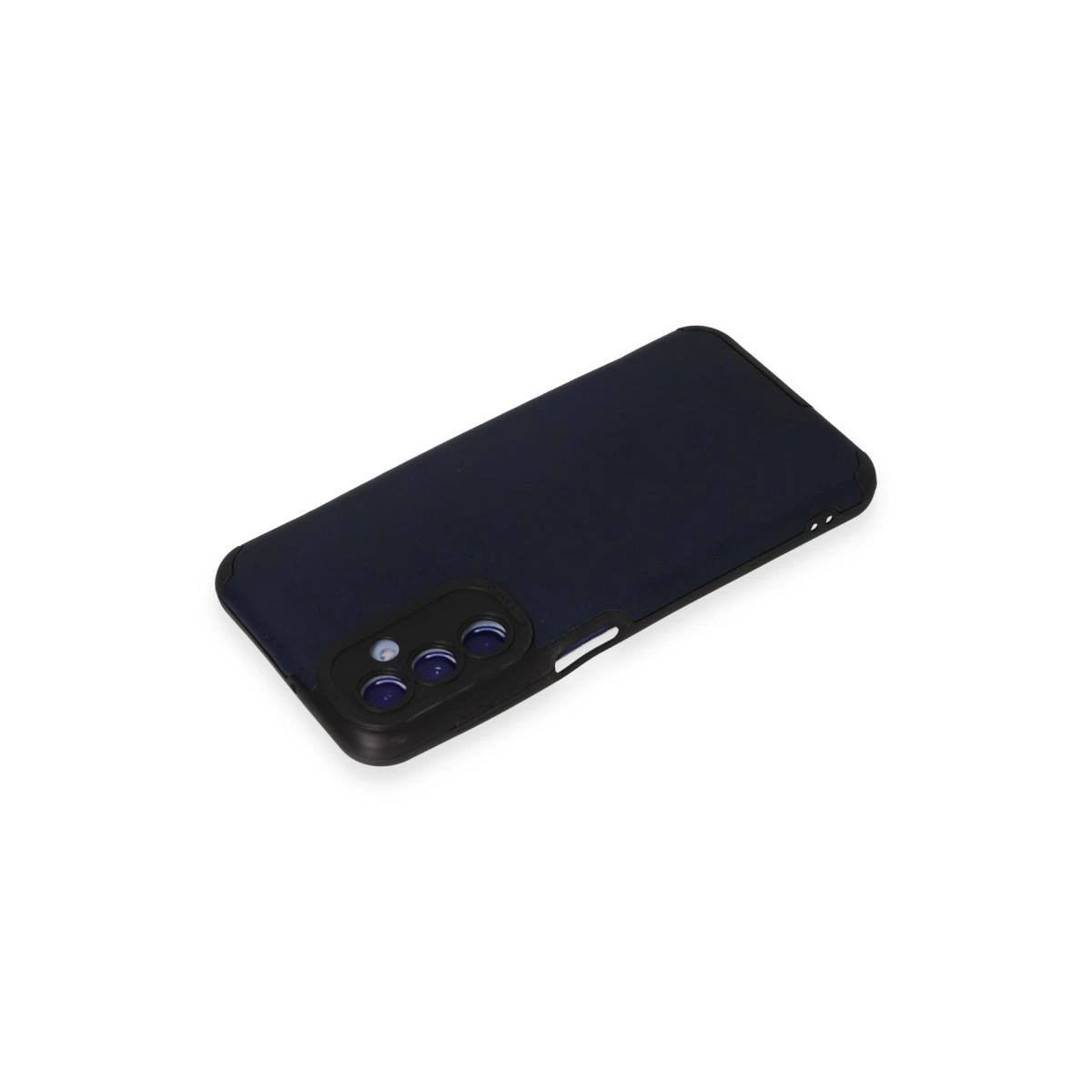 Kamera kesimli lacivert telefon kılıfı beyaz zeminde gösteriliyor.