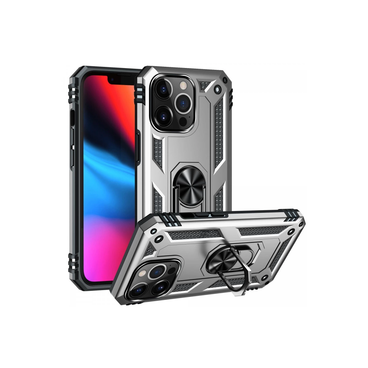 Halka tutuculu gümüş iPhone 13 Pro kılıfı.