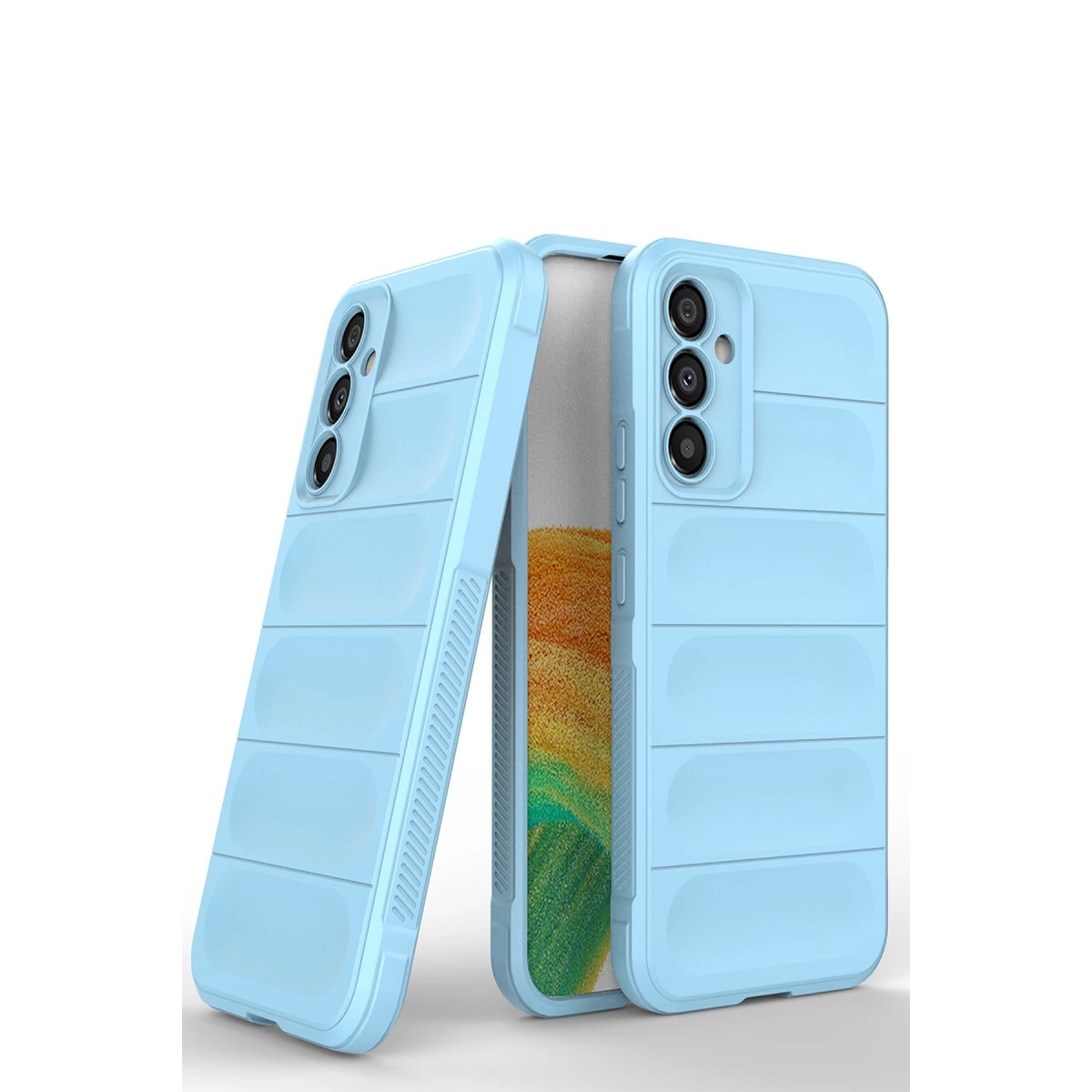 Yatay çıkıntılı iki açık mavi telefon kılıfı, biri telefonda.