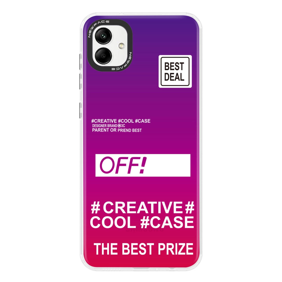 Mor-pembe telefon kılıfı üzerinde metin: BEST DEAL, OFF!, THE BEST PRIZE.