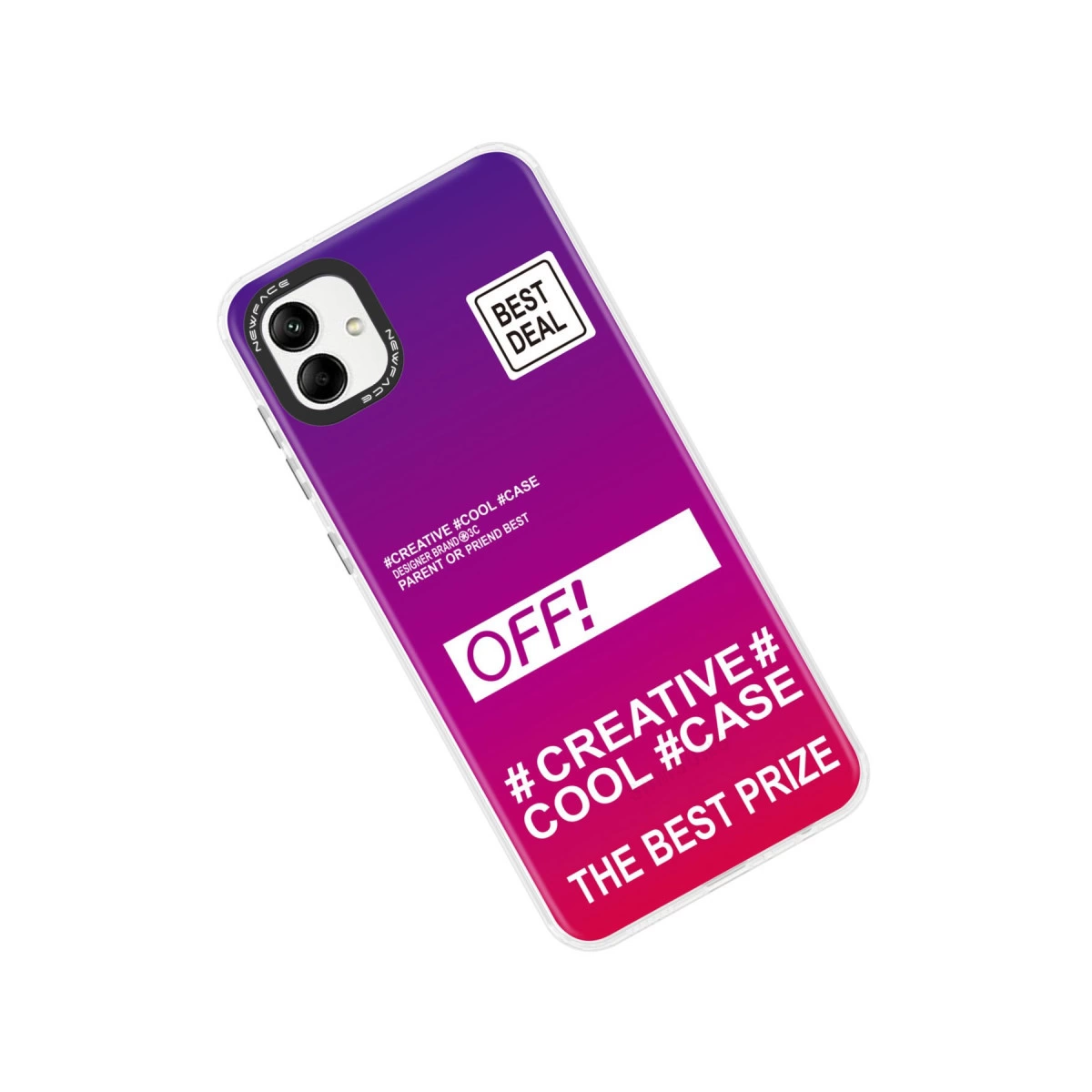 Mor-pembe degrade telefon kılıfı, üzerinde BEST DEAL, OFF!, #CREATIVE #COOL #CASE yazısı var.