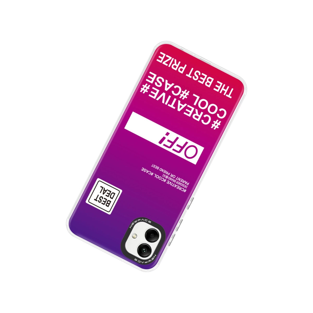 Mor-pembe telefon kılıfı üzerinde metin: OFF!, #CREATIVE, #COOL, #CASE, BEST DEAL.