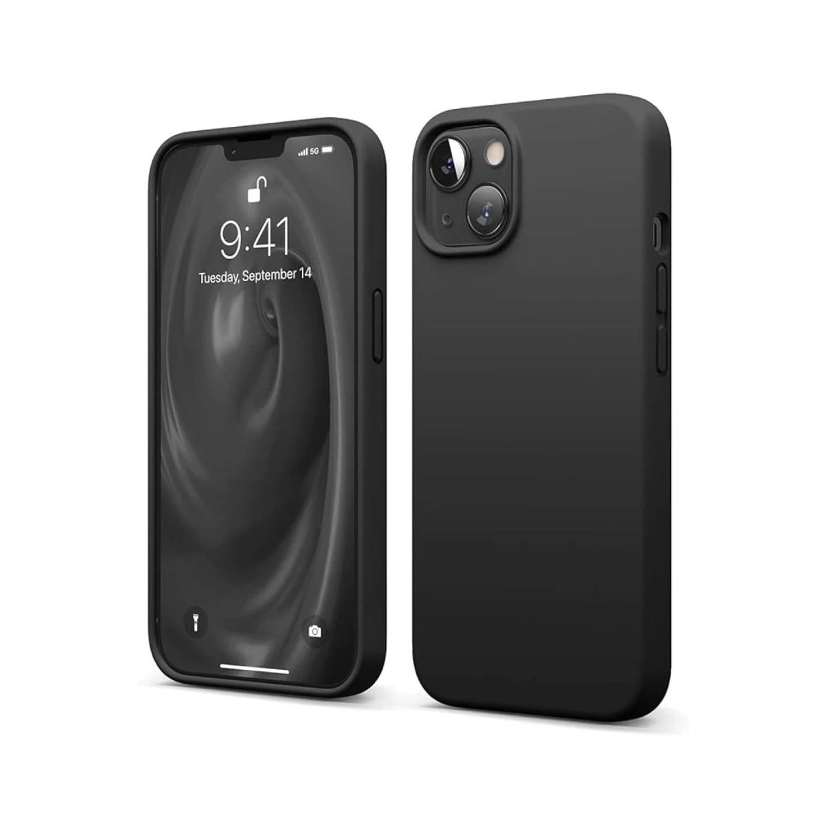 Önde iPhone ile siyah telefon kılıfı. Saat 9:41.