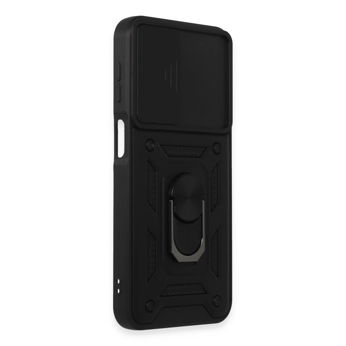 Kayar kamera kapaklı ve metal halka ayaklı siyah telefon kılıfı.