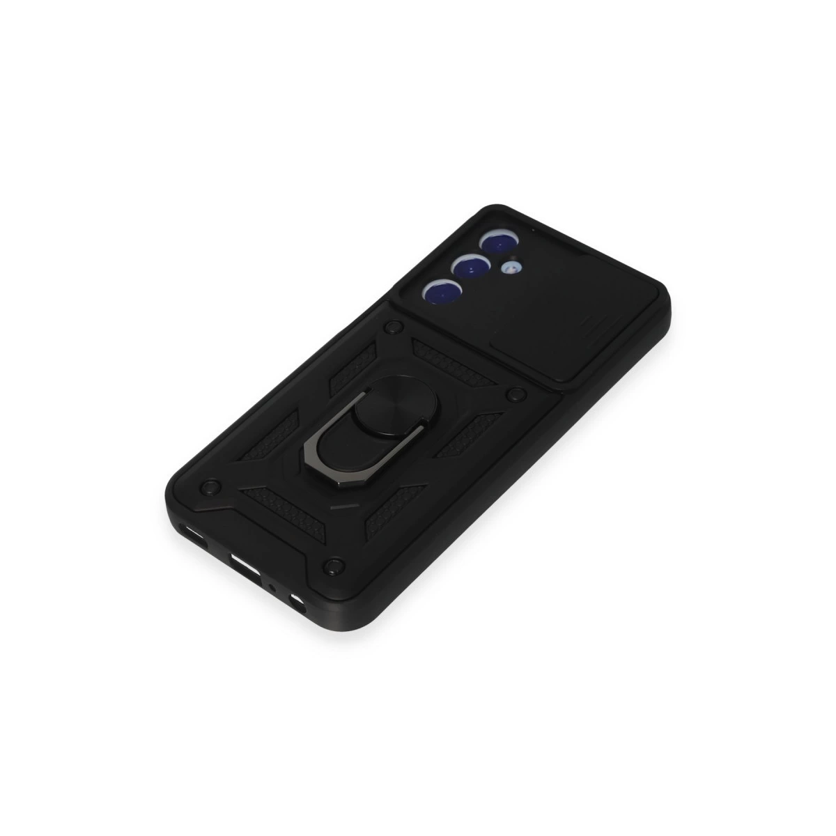 Halka tutuculu ve üç kamera lensli siyah telefon kılıfı.