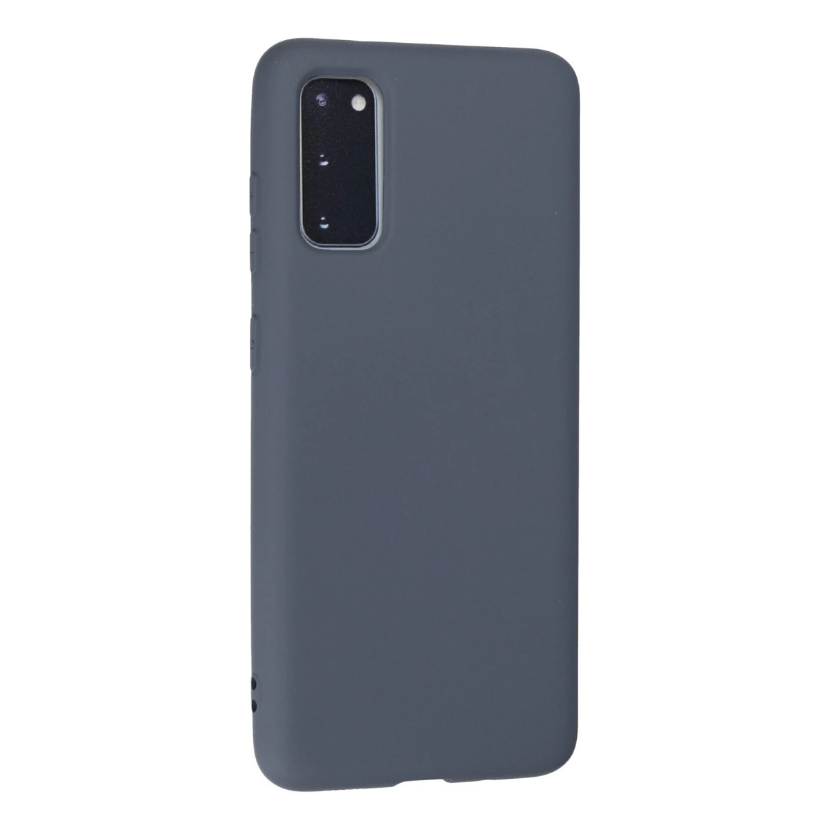 Dikdörtgen kamera oyuntulu koyu gri telefon kılıfı. Beyaz arka plan.