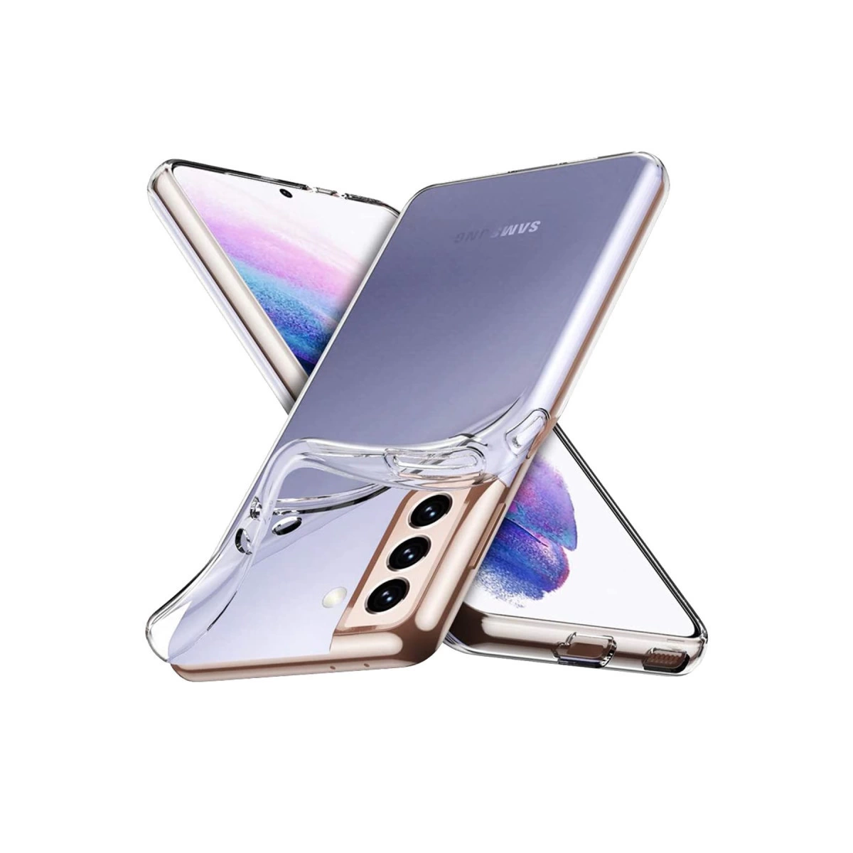 İki şeffaf telefon kılıfı Samsung telefonların üzerinde duruyor.