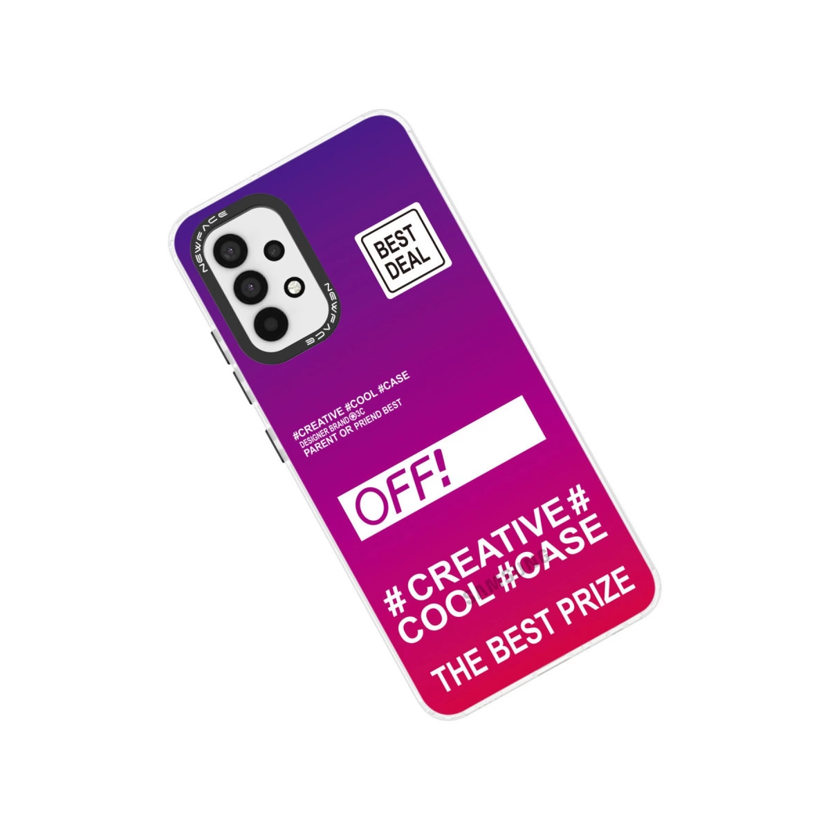 Mor-pembe telefon kılıfı "BEST DEAL" ve "OFF!" yazılı.