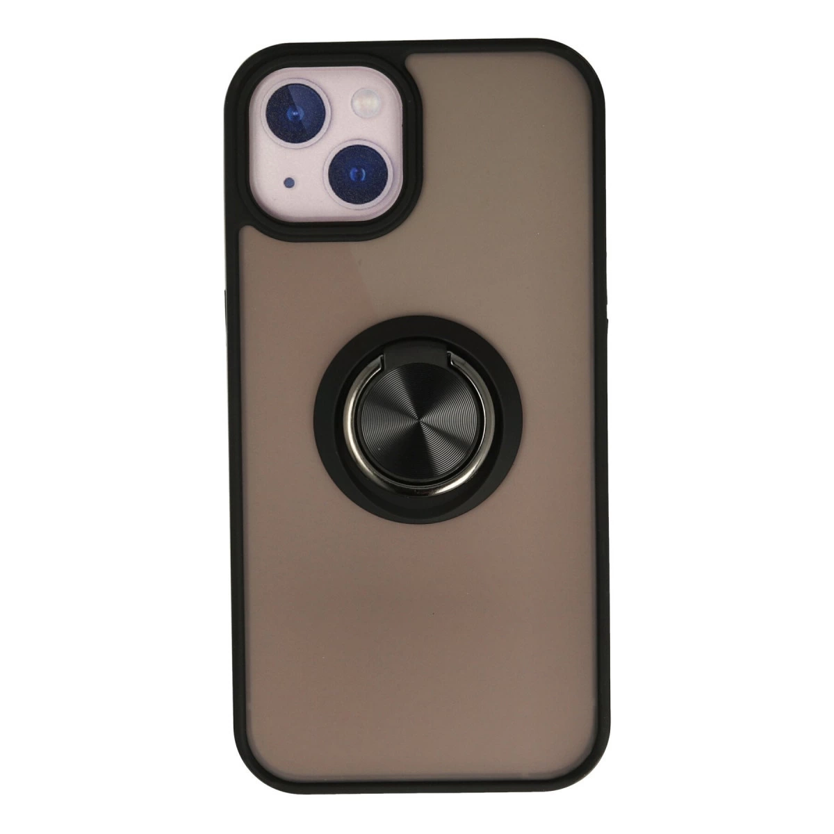 Siyah halka tutuculu ve kamera modüllü kahverengi telefon kılıfı.