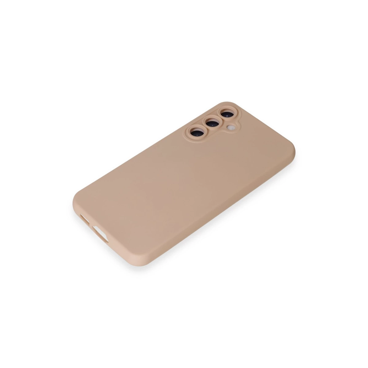 Beyaz zeminde üç kamera lensli bej telefon kılıfı.