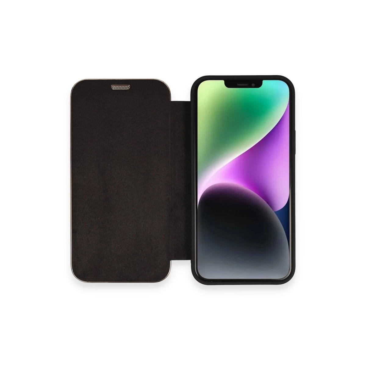 Renkli ekranlı bir akıllı telefonun yanında siyah kapaklı bir telefon kılıfı.