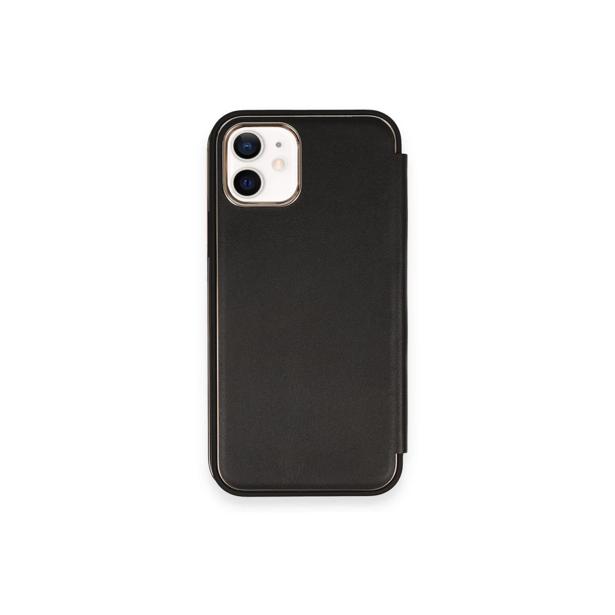 Altın süslemeli, kamera kesimli siyah iPhone kılıfı.