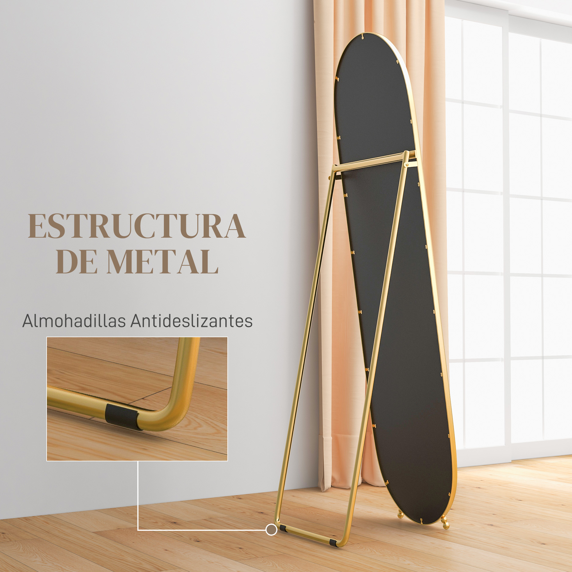 Un espejo alto y ovalado con marco dorado está sobre un suelo de madera.