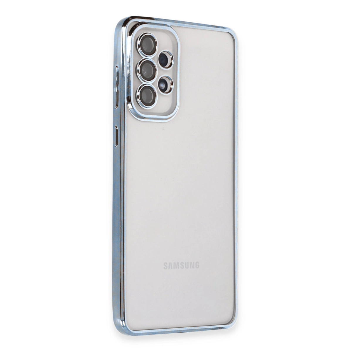 Gümüş kenarlı ve kamera yuvalı şeffaf telefon kılıfı.