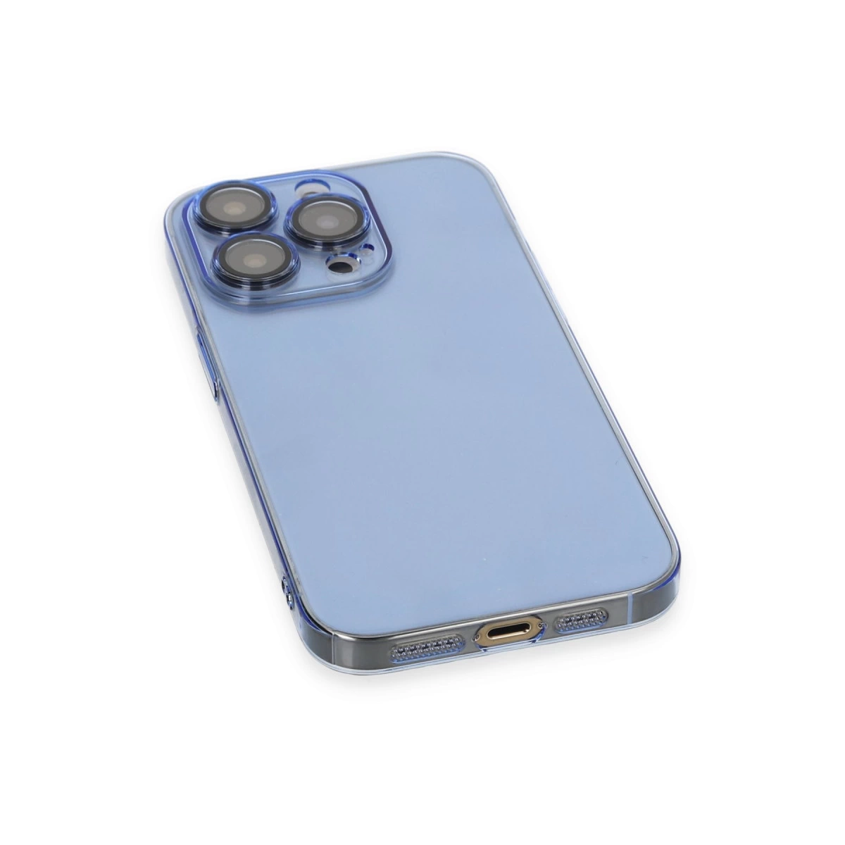 Üç kamera lensli ve şarj portlu mavi telefon kılıfı.