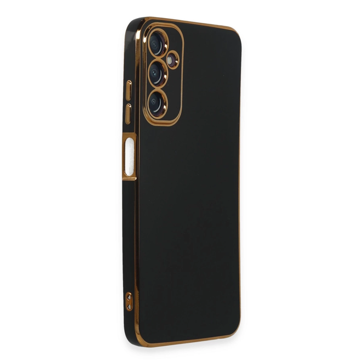 Altın süslemeli ve kamera kesimli siyah telefon kılıfı.