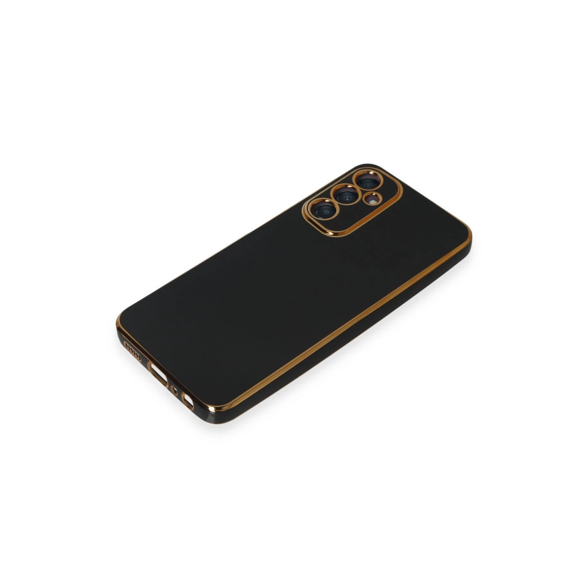 Altın kenarlı ve kamera kesimli siyah telefon kılıfı.