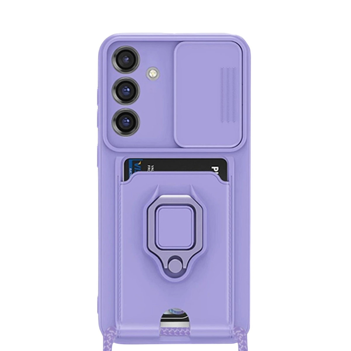 Üç kameralı, kart tutuculu, halkalı ve kaydırıcılı mor telefon kılıfı.