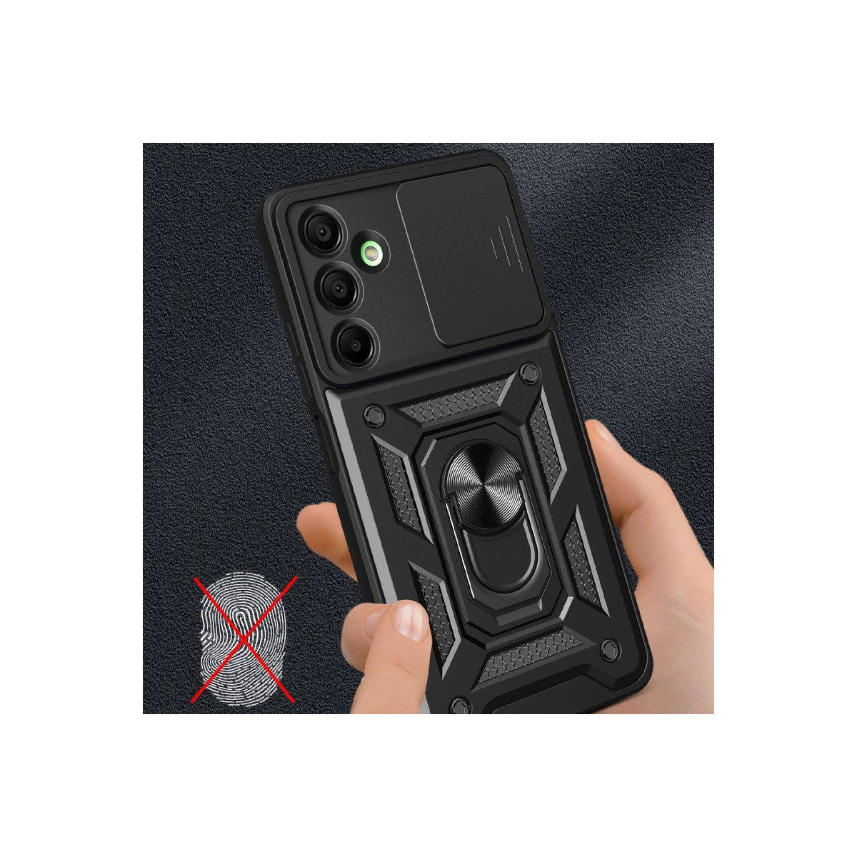Kamera kapaklı ve halka tutuculu siyah telefon kılıfı.