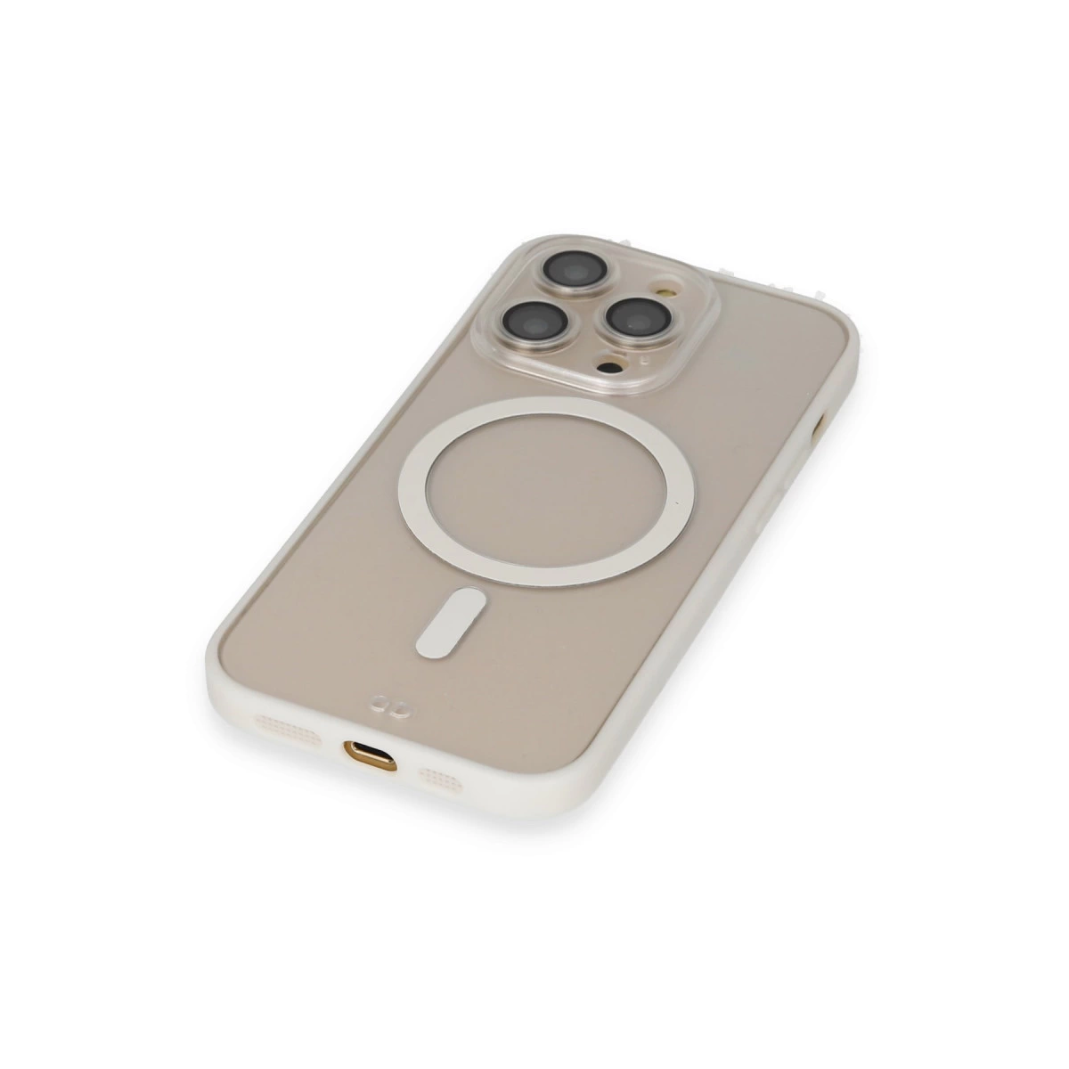 Beyaz arka plan üzerinde beige sırt ve beyaz tamponlu şeffaf telefon kılıfı gösteriliyor.