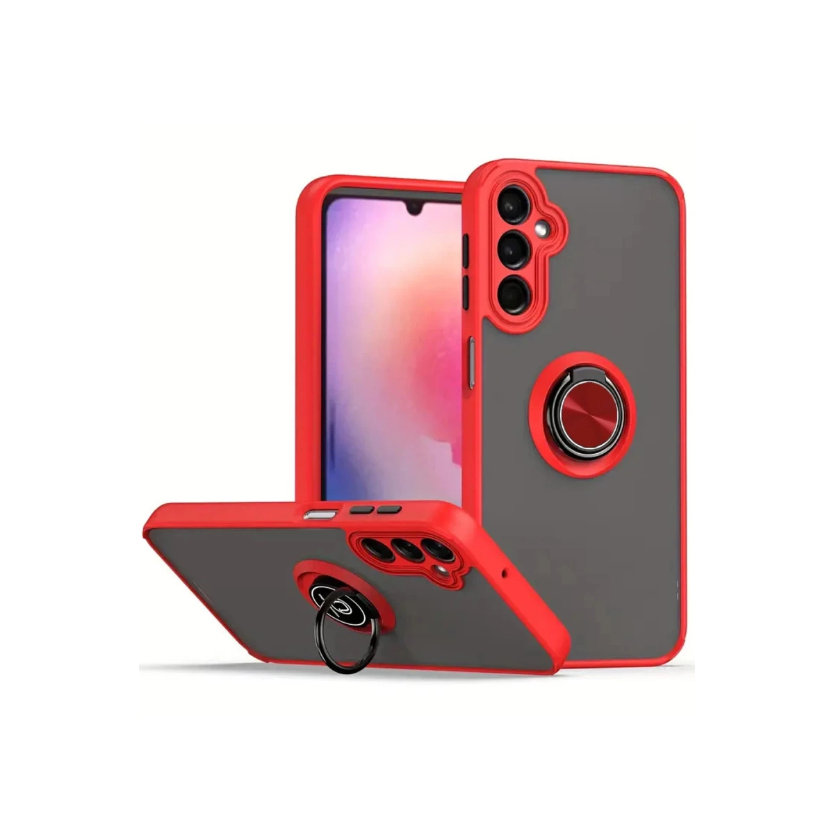 Arkada halkalı iki kırmızı ve gri telefon kılıfı beyaz zeminde.