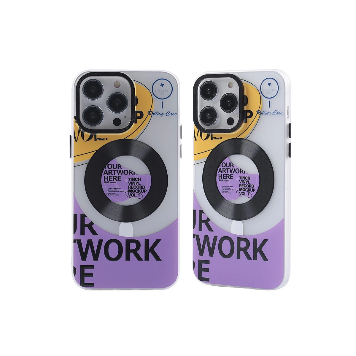 Mor yazı ve vinil plak tasarımlı iki iPhone kılıfı.