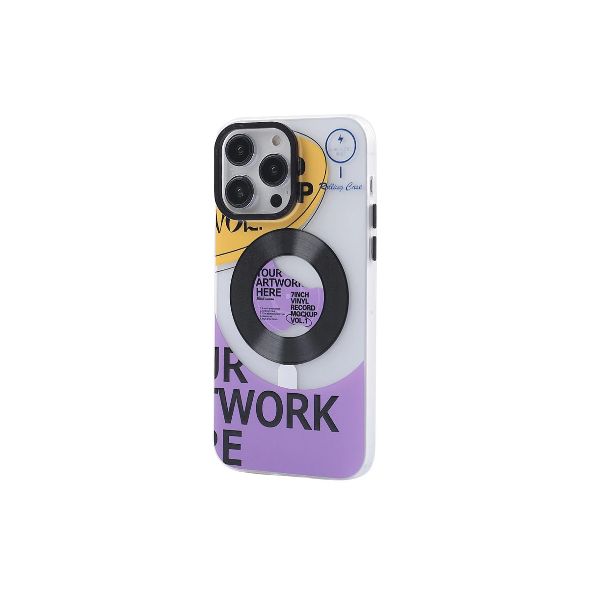 Üzerinde 'YOUR ARTWORK HERE' yazısı ve plak tasarımı bulunan beyaz telefon kılıfı.