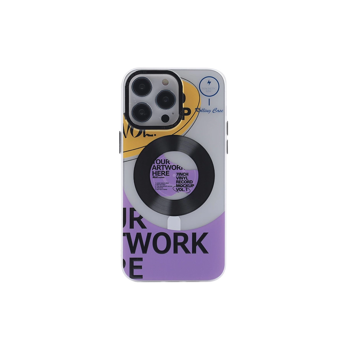 Vinil kayıt tasarımlı ve 'Your Artwork Here' yazılı iPhone kılıfı.