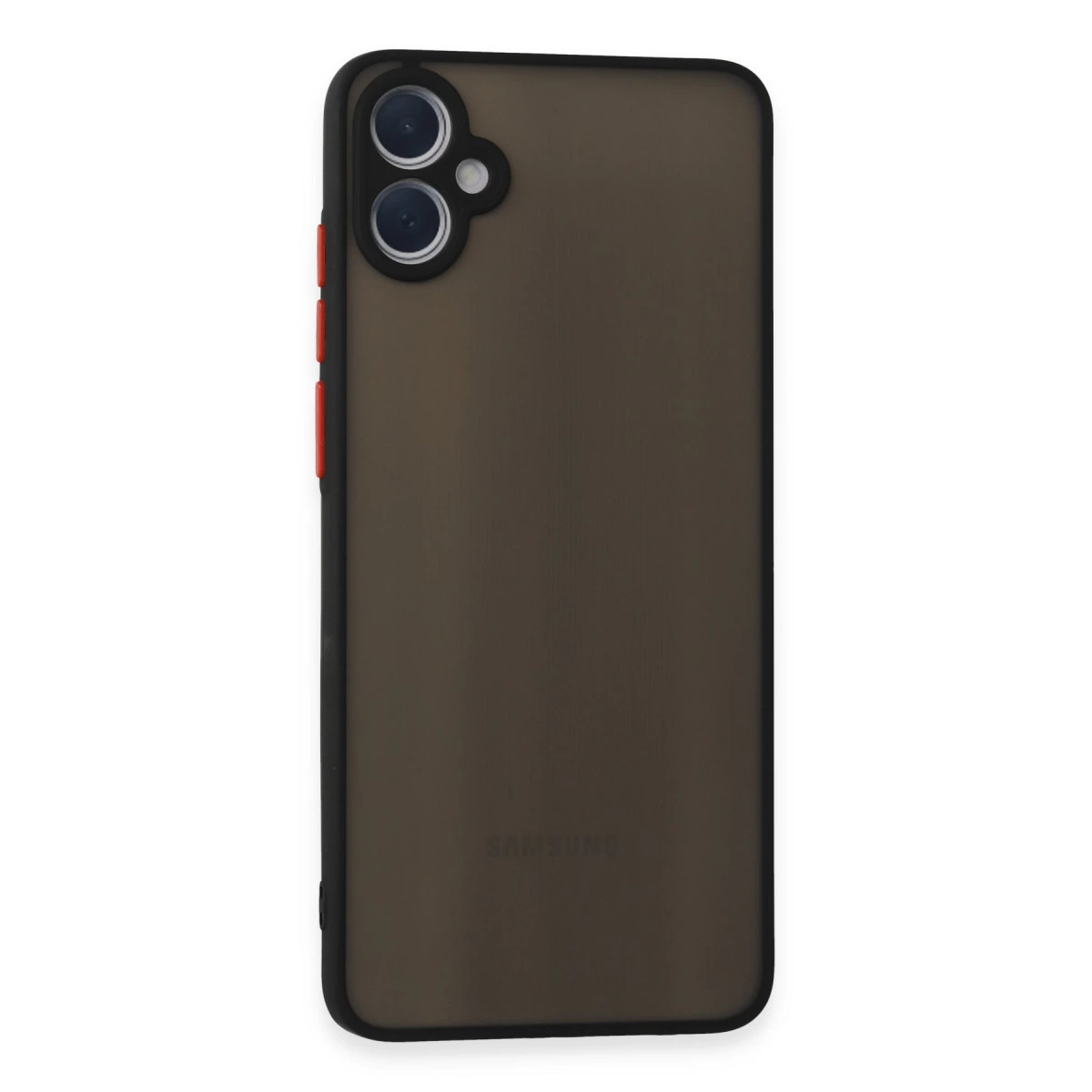Kamera oyuntulu ve kırmızı düğmeli koyu gri telefon kılıfı.