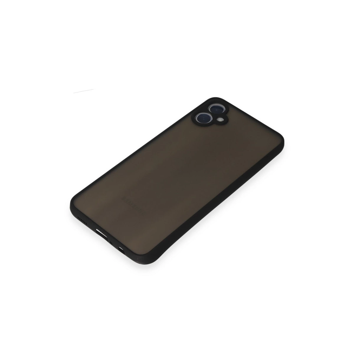 Arkada iki kamera lensi bulunan koyu gri telefon, siyah kenarlı.