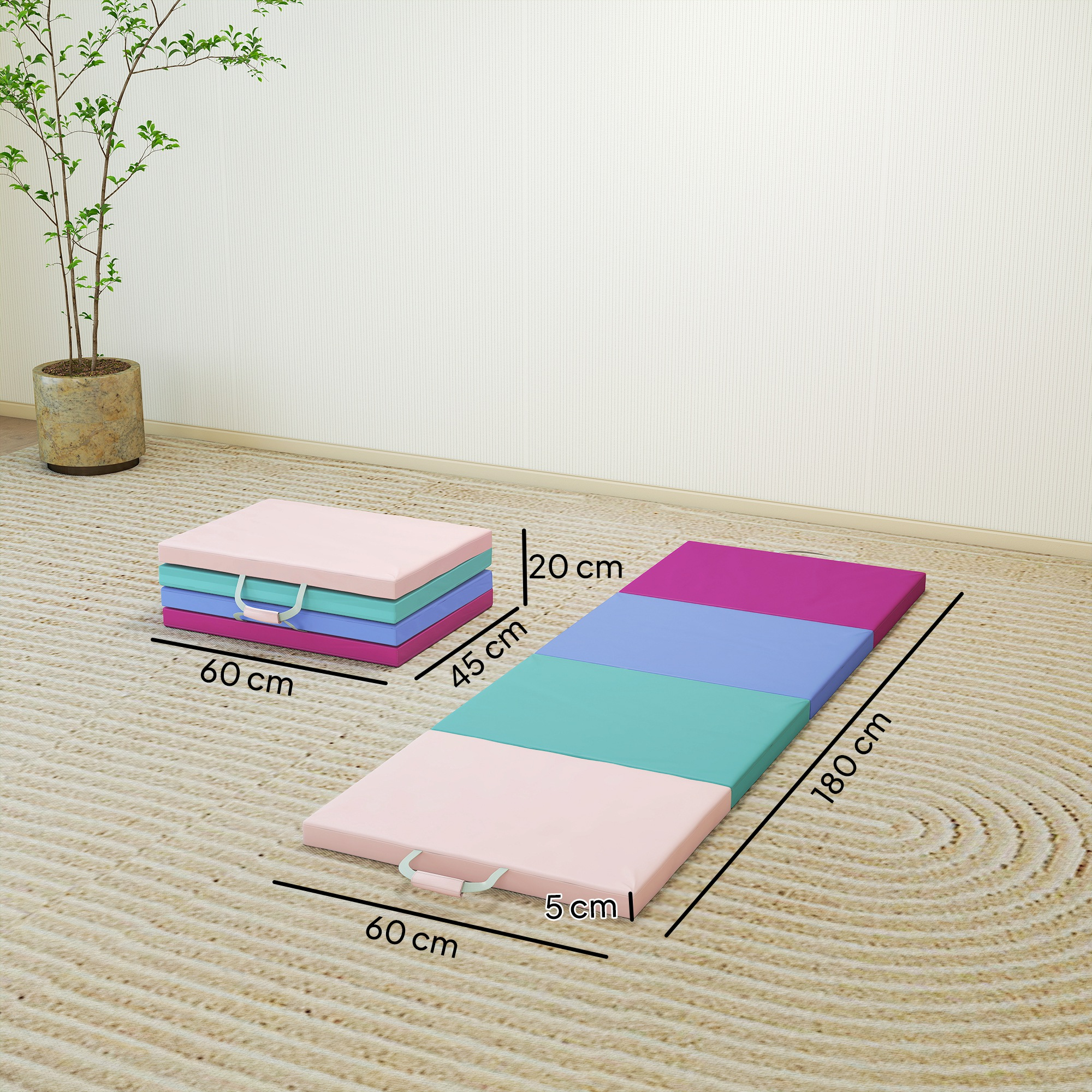 Varias colchonetas de gimnasia coloridas, una desplegada y otra apilada, sobre una alfombra.