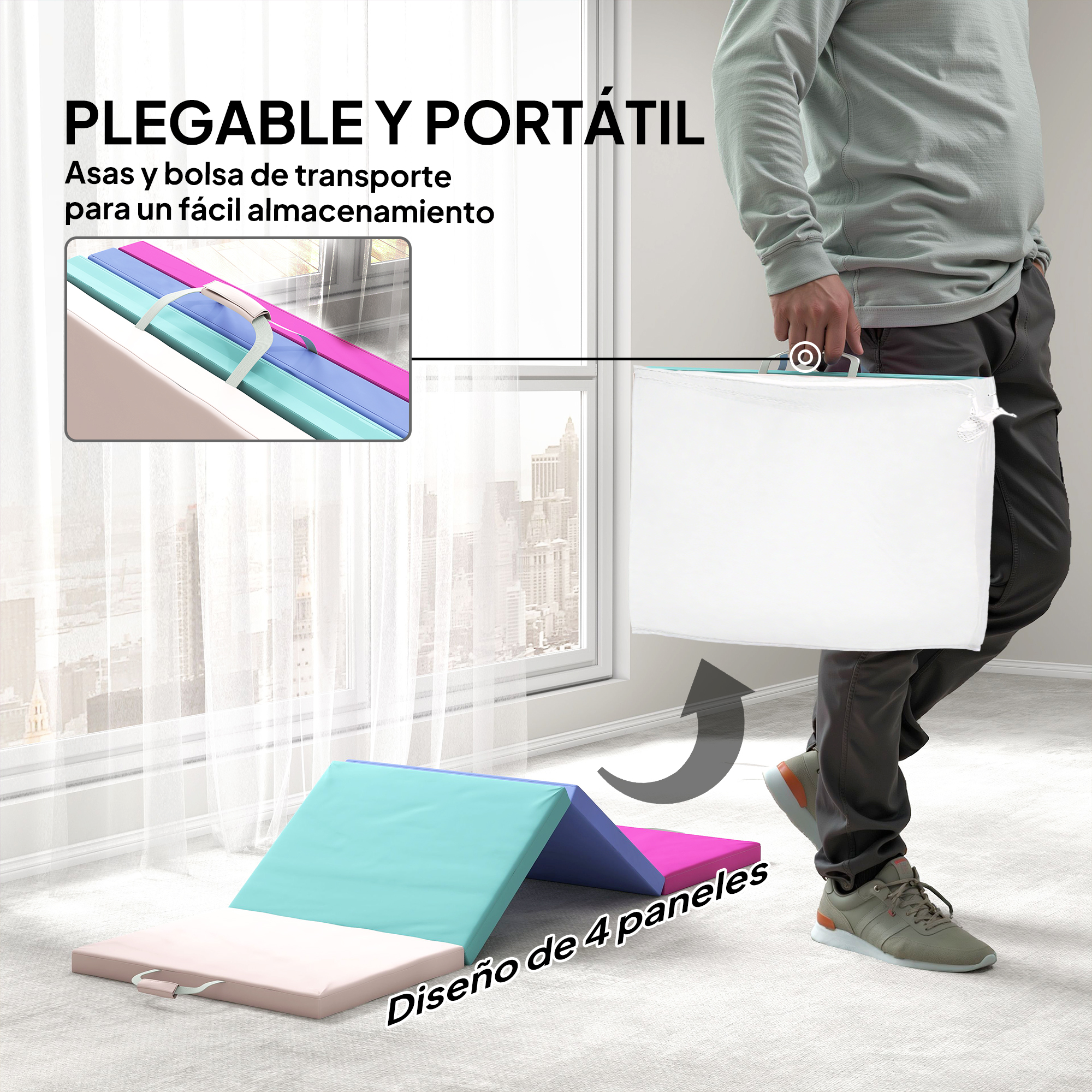Un hombre lleva una bolsa blanca junto a un tapete de juego plegable de 4 paneles.