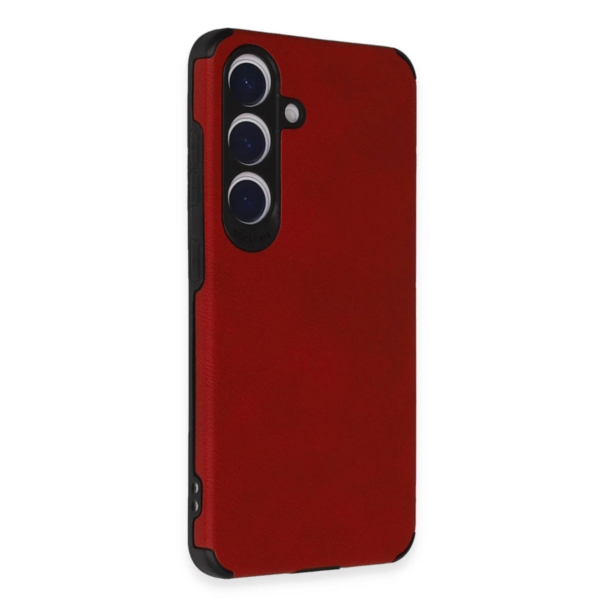 Üç kamera lensli ve siyah çerçeveli kırmızı telefon kılıfı.