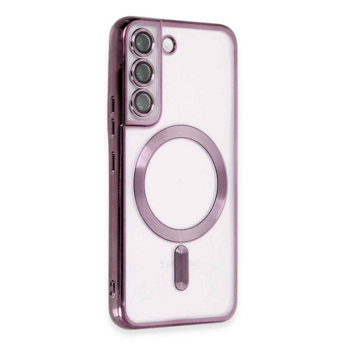 Üç kamera lensli ve manyetik halkalı mor telefon kılıfı.