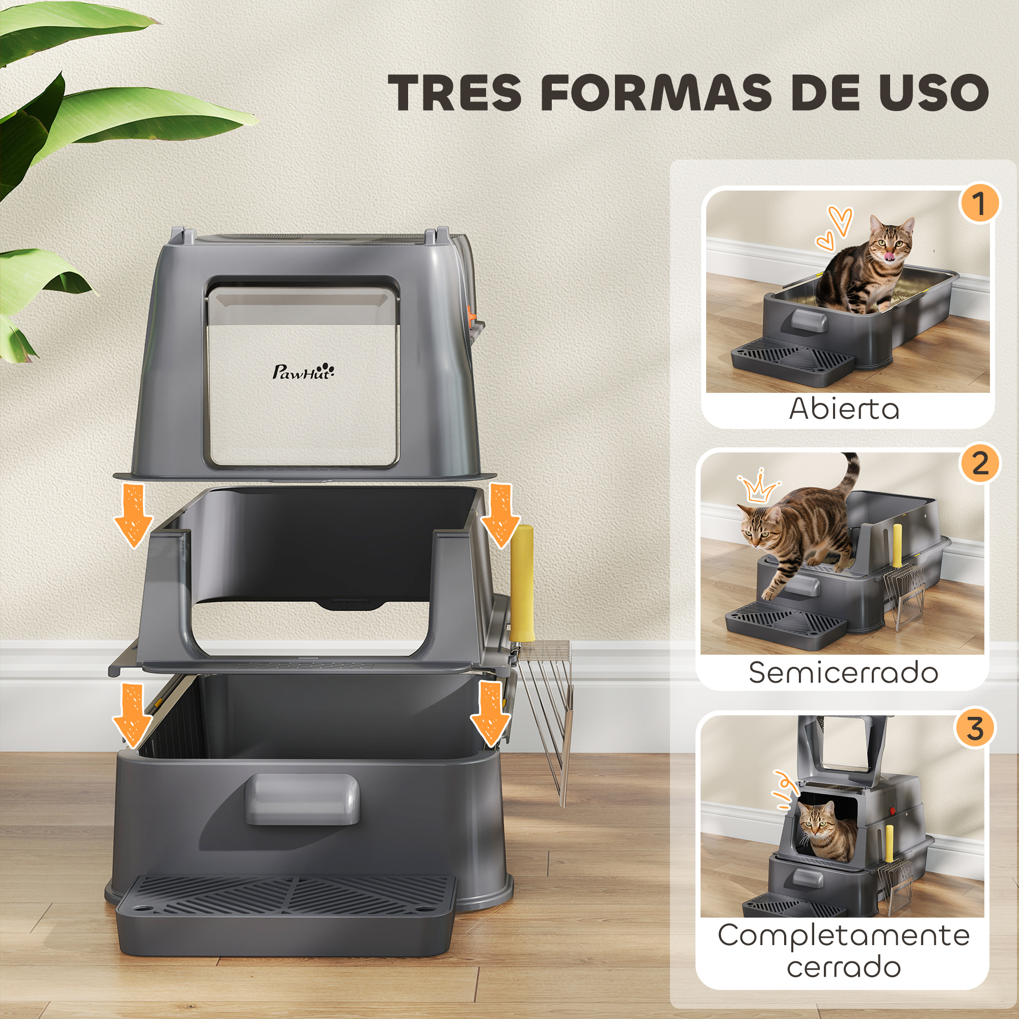 Arenero gris mostrado en tres configuraciones: abierto, semicerrado y cerrado.