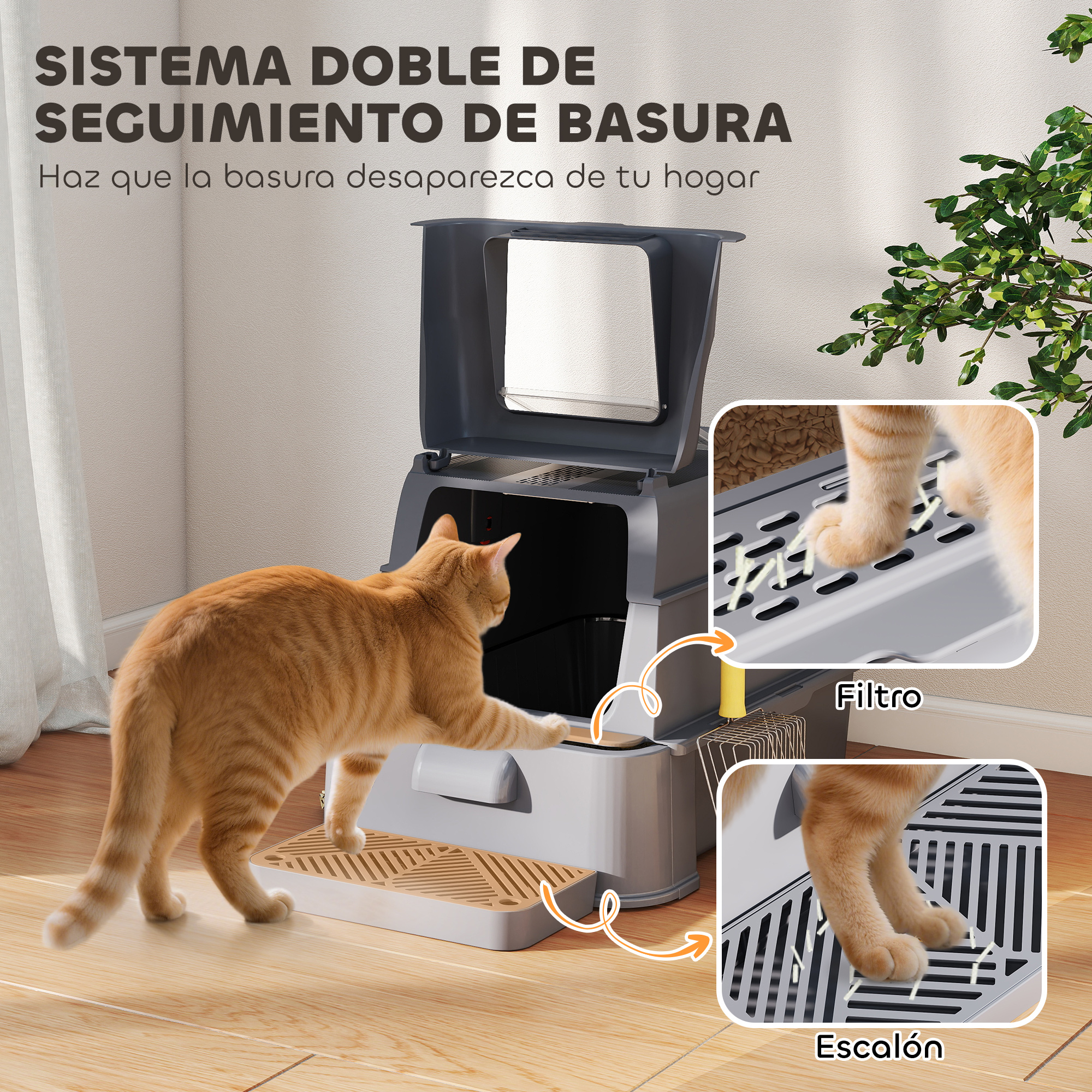 Un gato usa una caja de arena autolimpiable con filtro y escalón.
