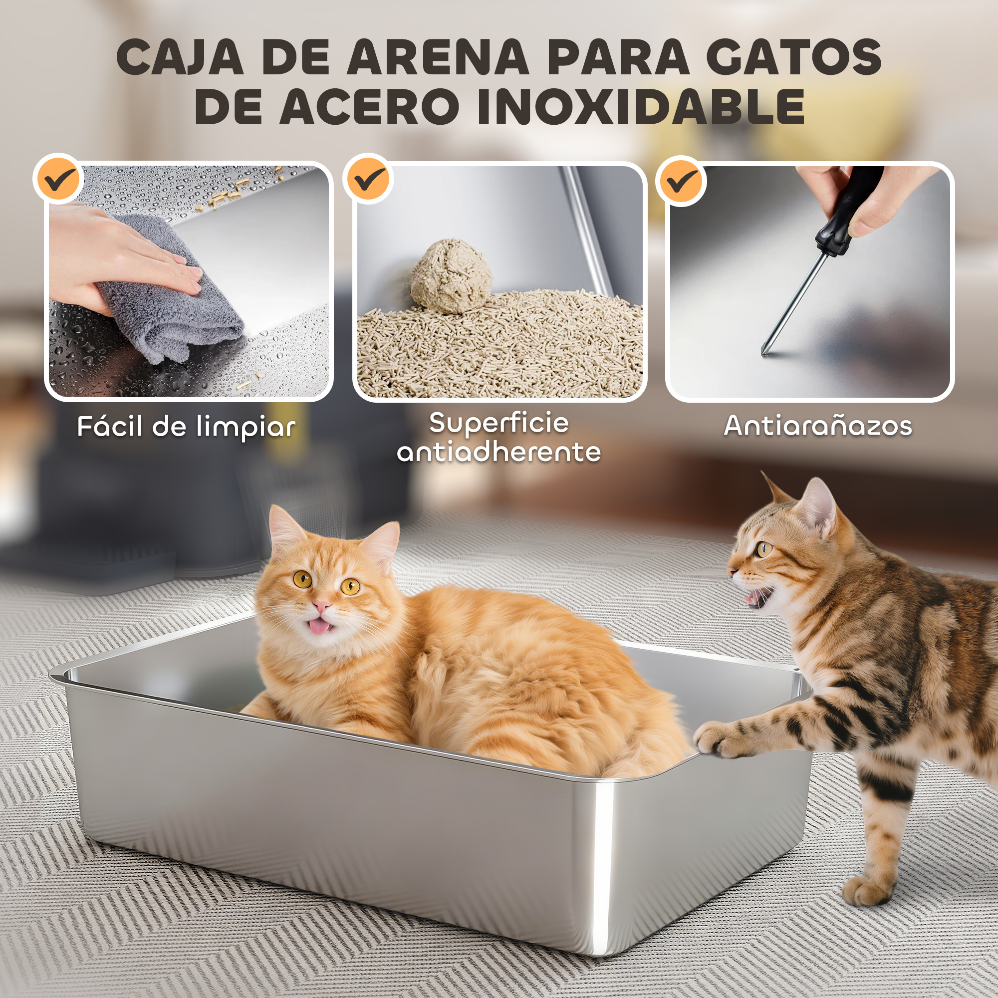 Bandeja de arena de acero inoxidable con dos gatos. Gato naranja a la izquierda, gato atigrado.