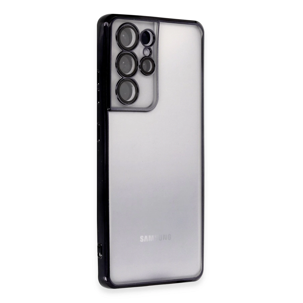 Siyah çerçeveli ve kamera lensi oyuklu şeffaf telefon kılıfı.