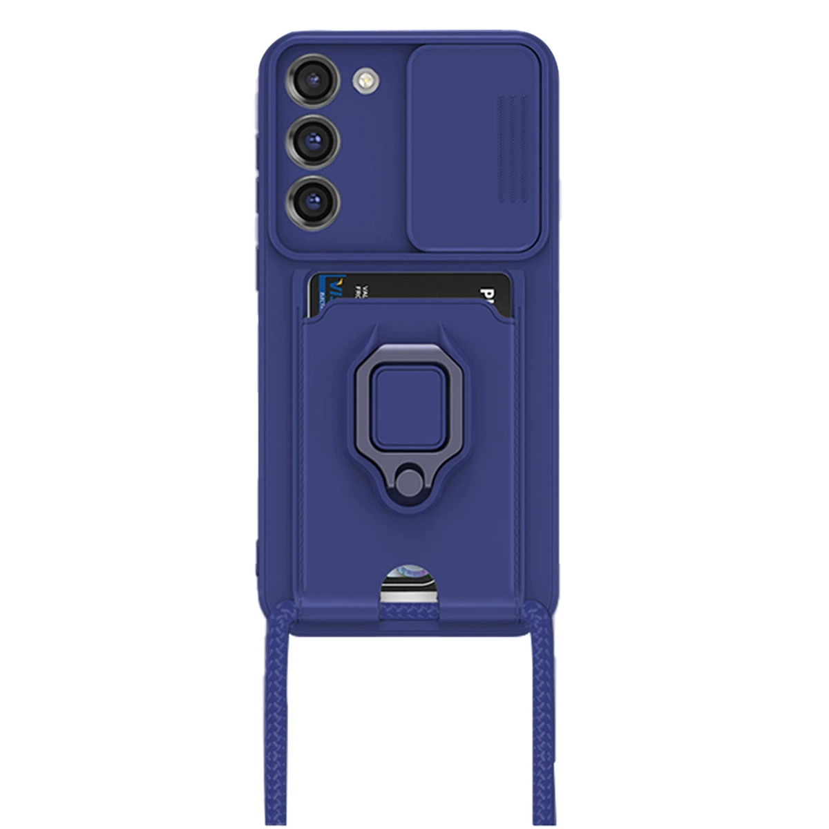 Kamera kapaklı, kart yuvalı ve halka tutuculu koyu mavi telefon kılıfı.