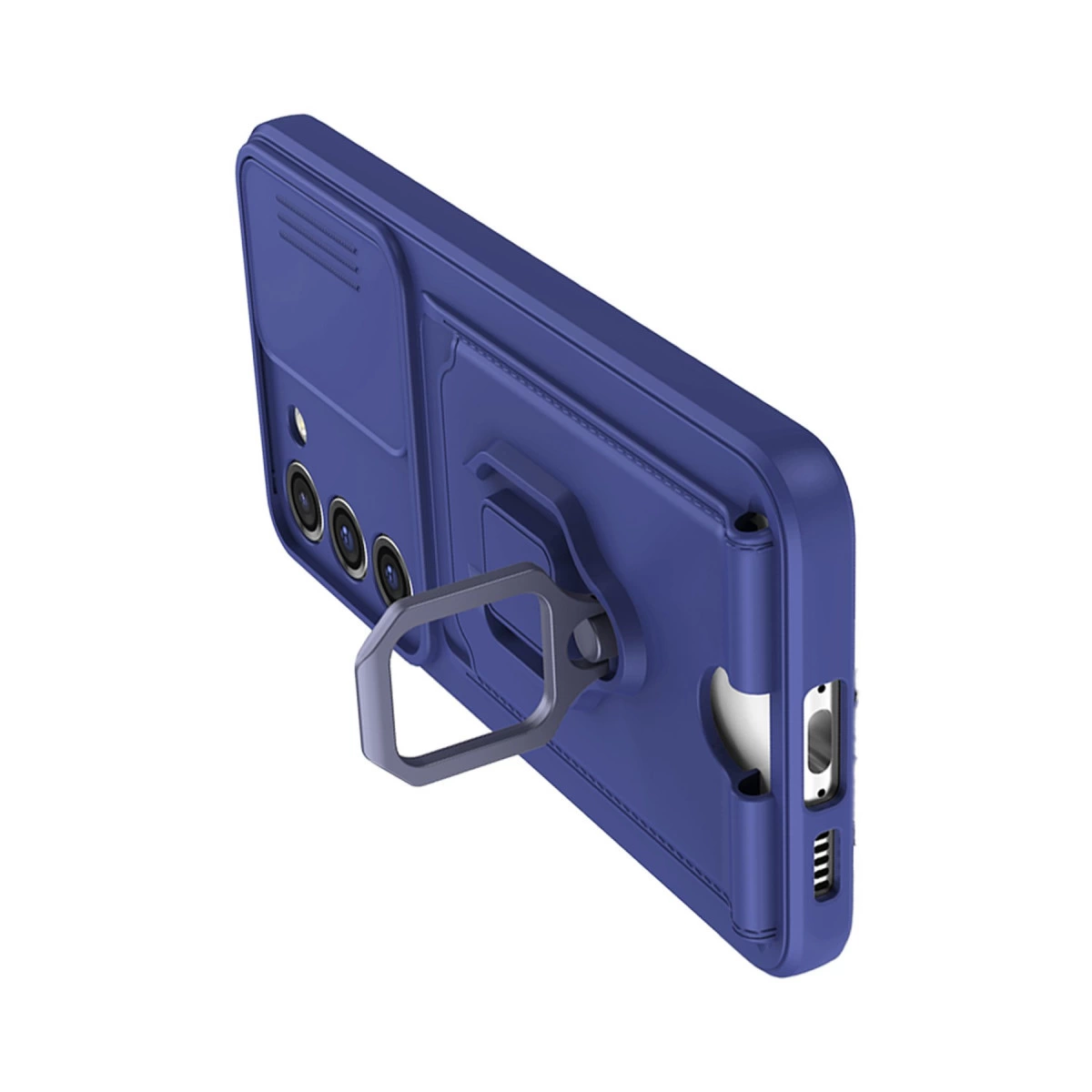 Arkada halka tutuculu ve üç kamera lensli mavi telefon kılıfı.