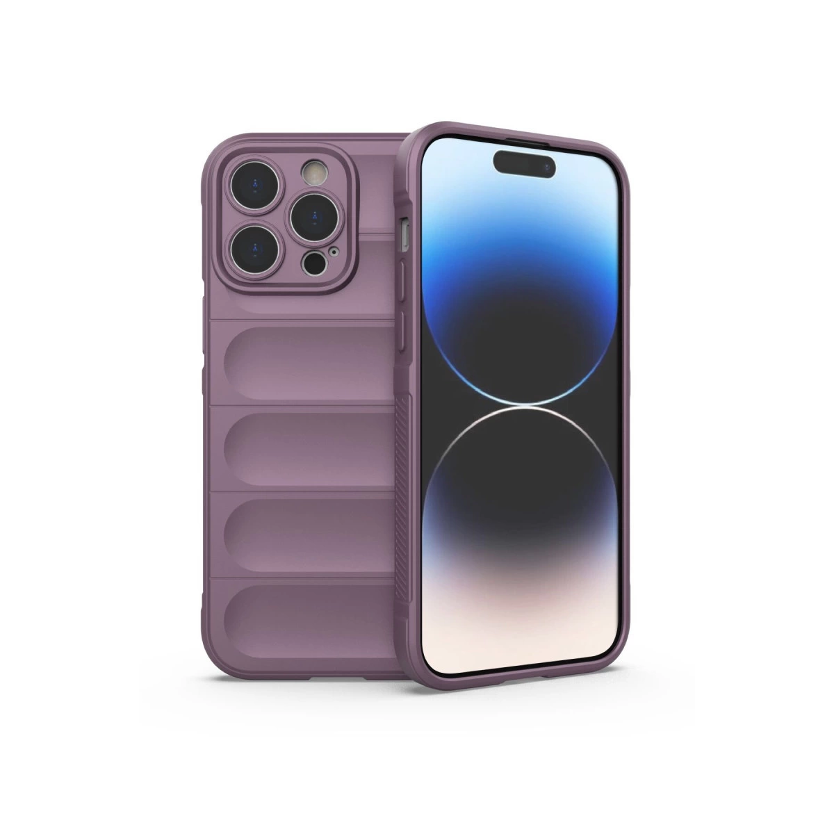 Arkada dört kamera gösteren dolgulu kılıflı mor bir iPhone.