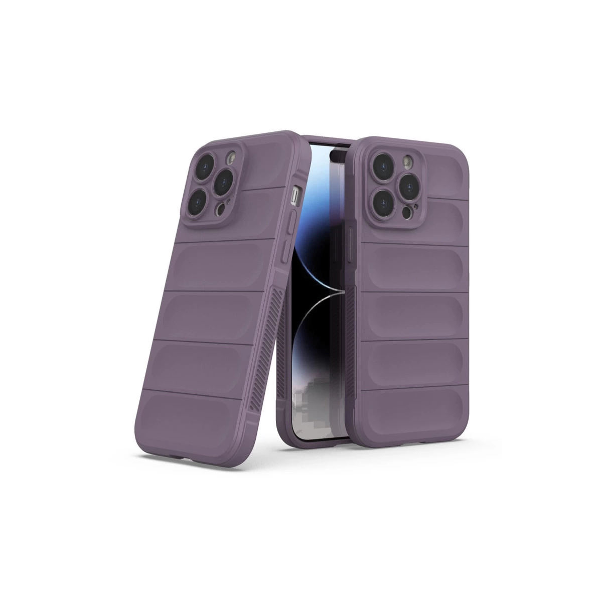 Beyaz arka plan üzerinde yatay çıkıntılı iki mor iPhone kılıfı.