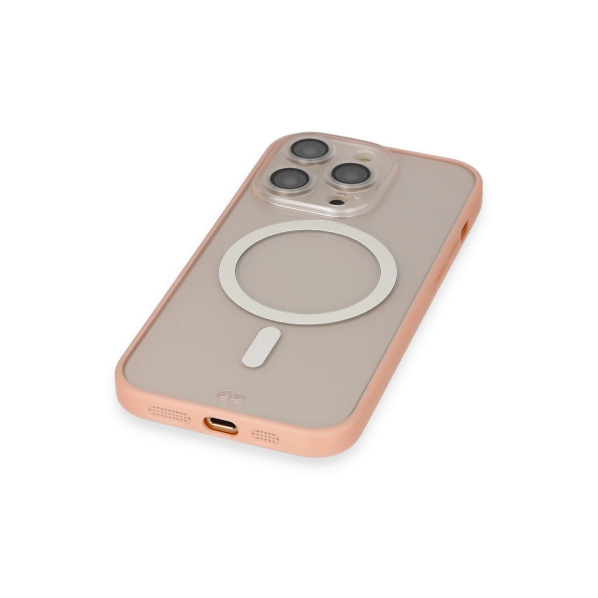 Pembe kenarlı, MagSafe halkalı ve üç kameralı şeffaf telefon kılıfı.